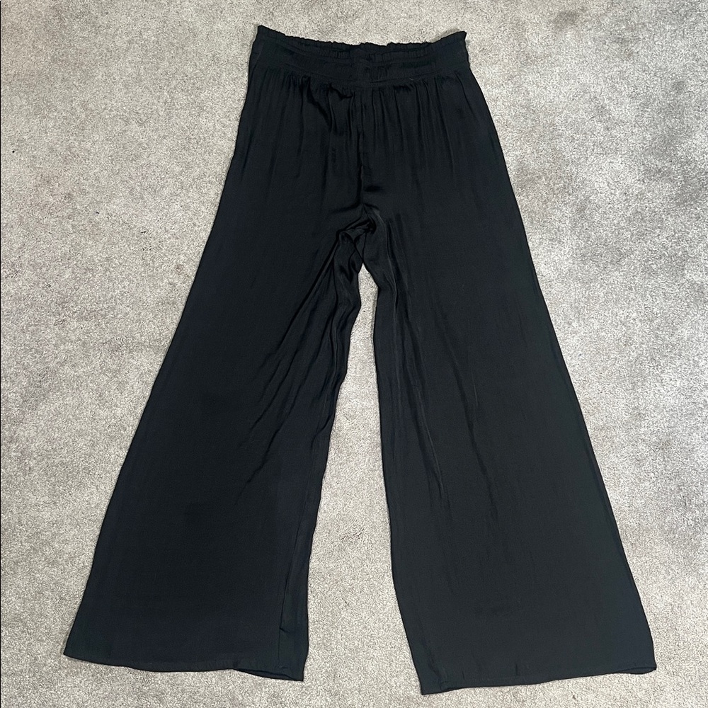 Rachel Zoe Black Satiny Wide Leg High Waist Flowy Pull On Pants